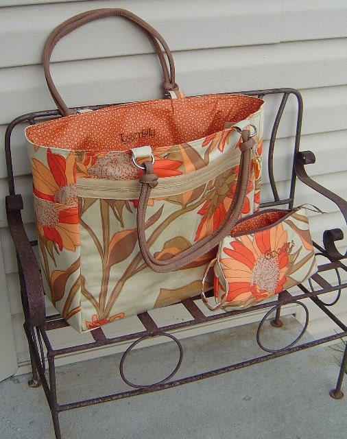 Large Orange Sunflower Craft Knitting Crocheting Diaper Tote Bag with Small Goodie Bag and OODLES of Pockets