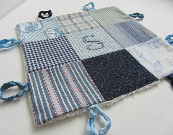 Baby Boy Lovey Blanket with Custom Hand Embroidery and Circle Knotties by Dolce Dreams