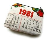 Zipper Pouch- 1981 Repurposed Vintage Calendar Tea Towel- Handmade