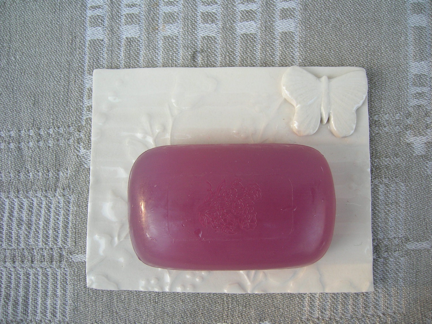 White Porcelain Floral Soap Dish With Butterfly