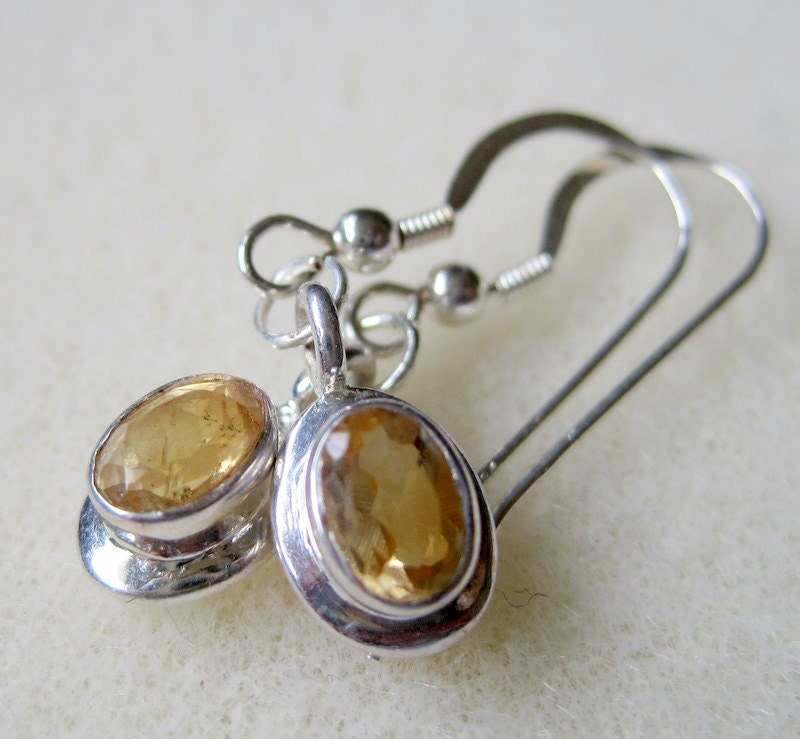Oval Citrine Drop Earrings . Sterling Silver - Lemonade