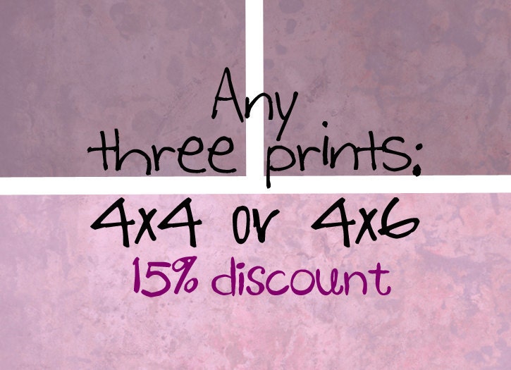 Custom photograph choice, any three 4x4 or 4x6 prints, nature photography, sale, discount. Free domestic shipping.