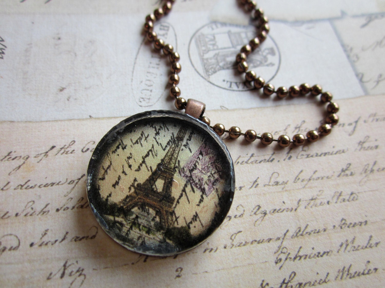 Glass Eiffel Tower Pendant Necklace on Copper Ball Chain