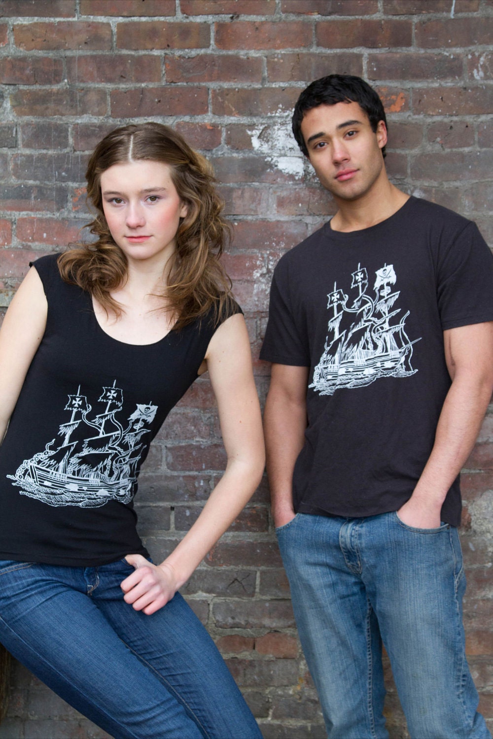 Pirate Ship Kraken Tee Organic Cotton Black LARGE