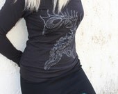 Peacock Feather Cowl Neck Long Sleeve Tee Shirt Womens LARGE