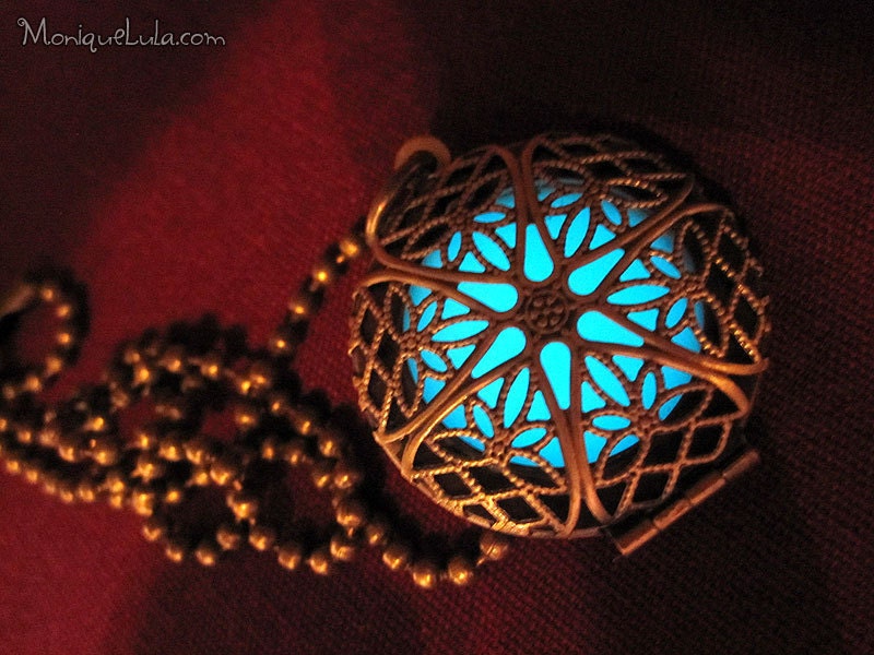 Aqua Glow in the Dark Antiqued Brass Filigree Locket