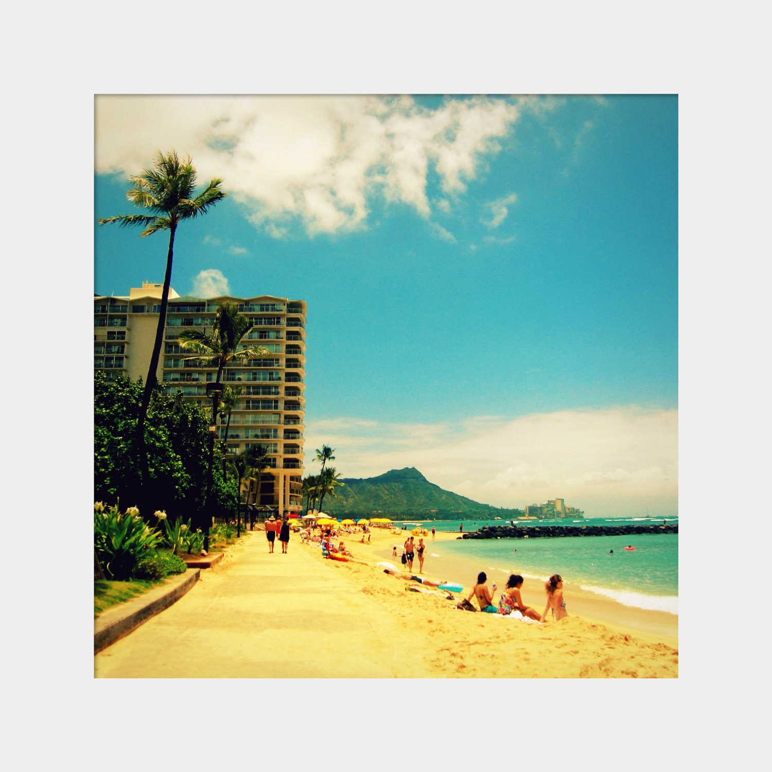 Honolulu Beach: fine art photograph print of Hawaii landscape with beach, hotel, ocean water, Diamondhead Crater, palm tree, sunbathers - UninventedColors