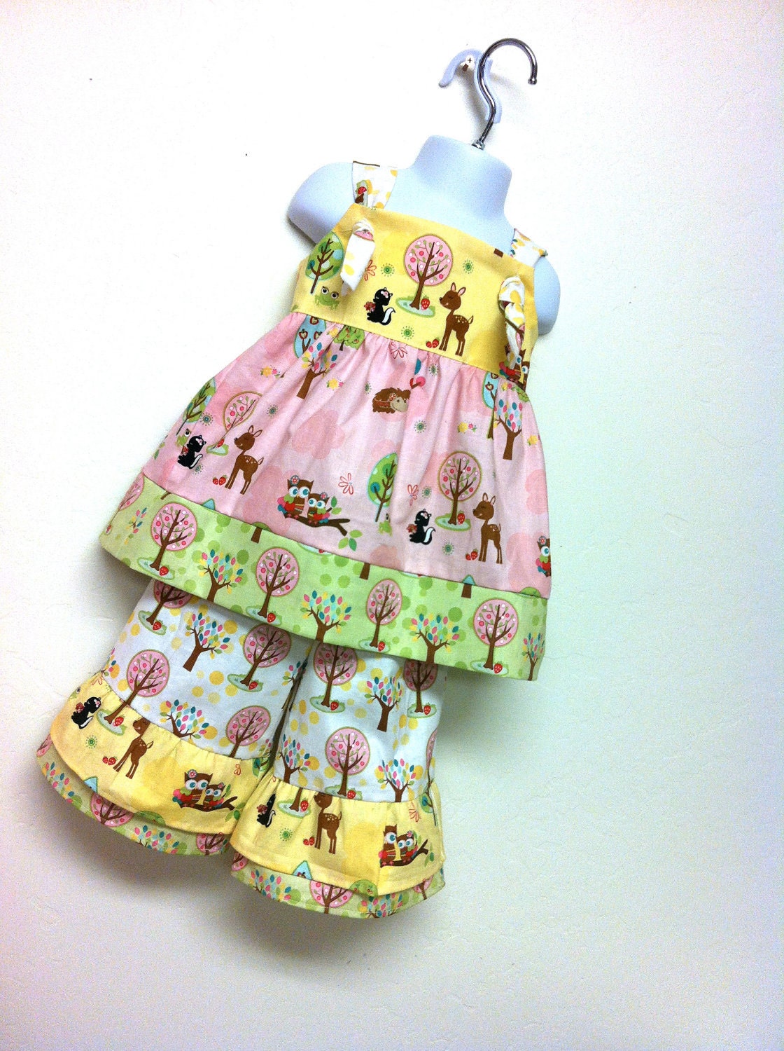 Sweet Summer  forest critter friends pastel jumper knot dress with matching double ruffle pants