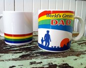 PAIR of 80s MUGS World's Greatest DAD and matching rainbow mug.