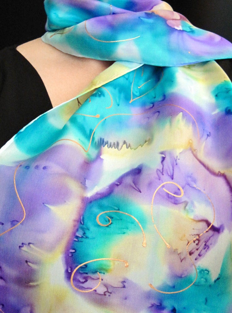 Hand Painted Orchid Floral Silk Scarf-Mother's Day Gift Under 50-Handmade Springtime Silk Scarf with Gold Highlights