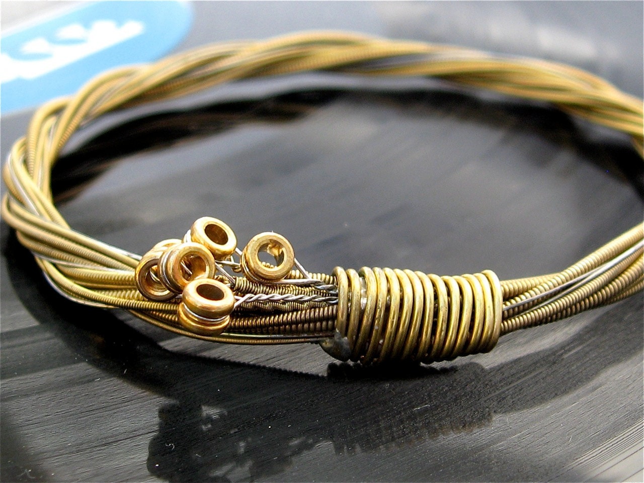 Recycled Acoustic Guitar String Bracelet gold colored with brass ball ends attached Mens or Womens EXTRA SMALL free shipping to US
