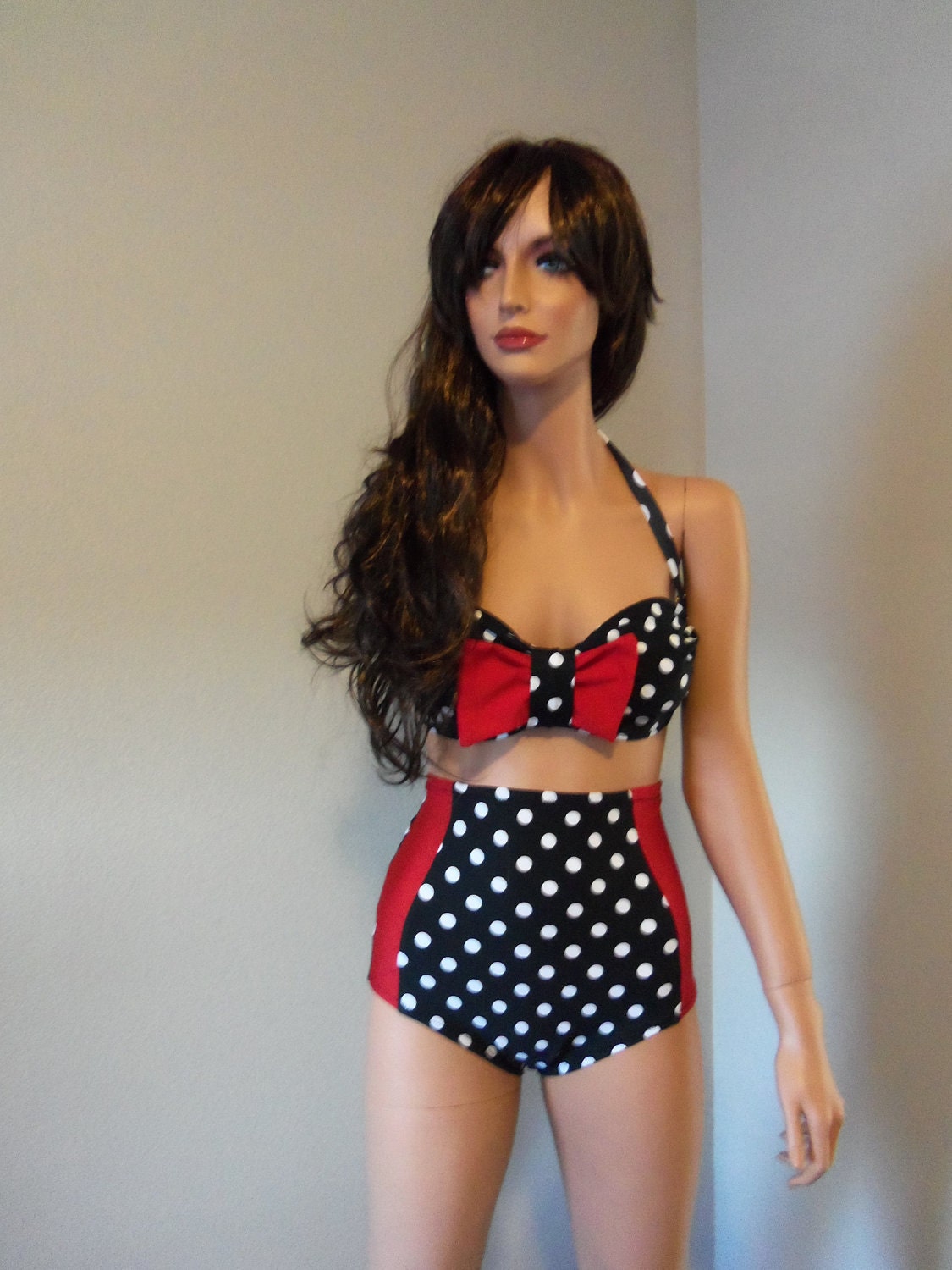 Red Bow Black with White Polka dot high waist retro bikini made to order