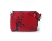 leather wallet red deer screenprint pouch zippered coin purse