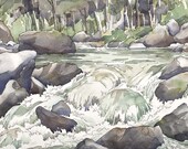 Spring Runoff - Meditative Print of Splashing Mountain Waterfall in springtime mossy green, rust, gold - BlueOtterArt