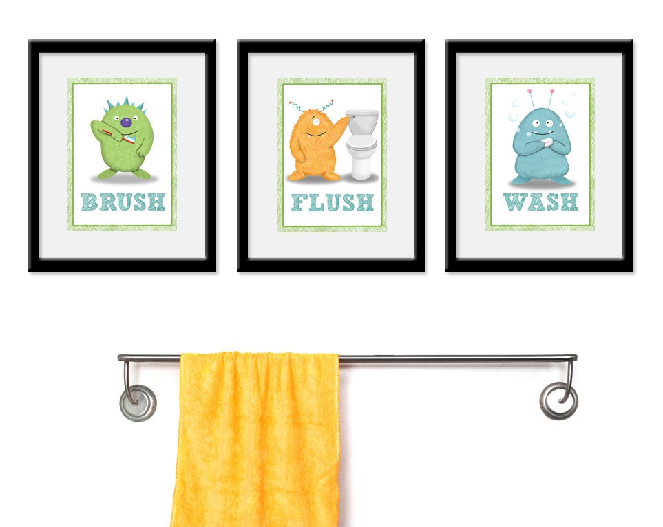 Kids Bathroom Art - Three 5 x 7 Archival Giclee Bathroom Monster Prints
