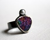 Rainbow Drusy Ring with Bezel Set Pearl- Handmade Sterling Silver, One of a Kind by Rachel Pfeffer