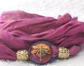 Sari Silk Whirly Wrap Bracelet in rose with handpainted Czech glass dragonfly button Spring Mothers Day - MaryMercedes
