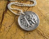 Silver Wax Seal Monogram Necklace Custom Inital Necklace Rustic Vintage Inspired Fine Silver PMC Pendant