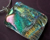 Galactic Treasures Fused Dichroic Glass Necklace with Black leather cord.