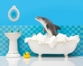 bathroom art, dolphin, aqua blue, kids bathroom decor, diorama - Bubbles 8 x 10