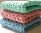 Crochet Washcloths Cotton Dishcloths Aqua Turquoise Blue Rose Pink Handmade Set of 3