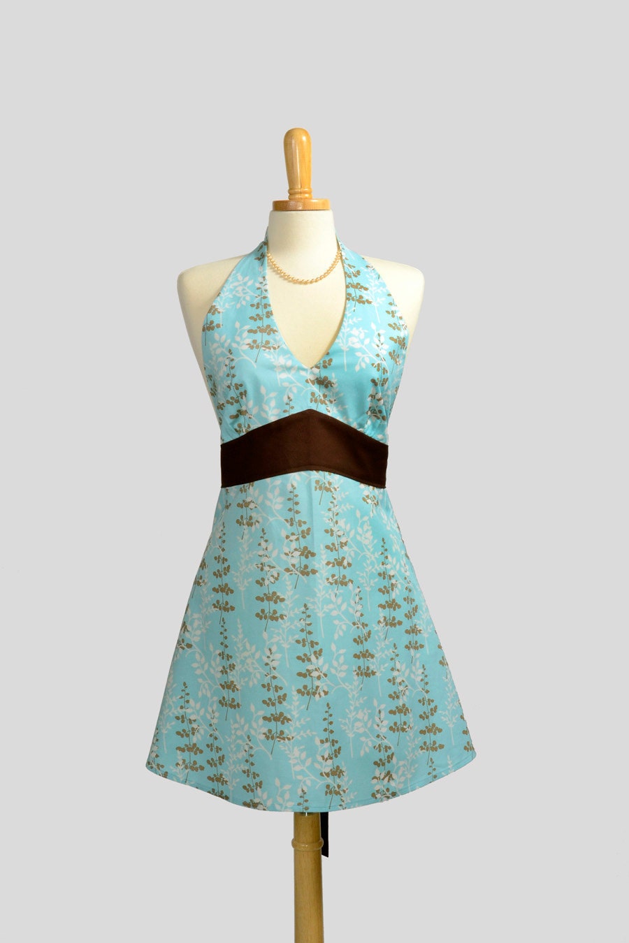 Sexy Womens Hostess Apron . Classy Halter Apron Empire Design In Soft Blue With Light Brown and Ivory