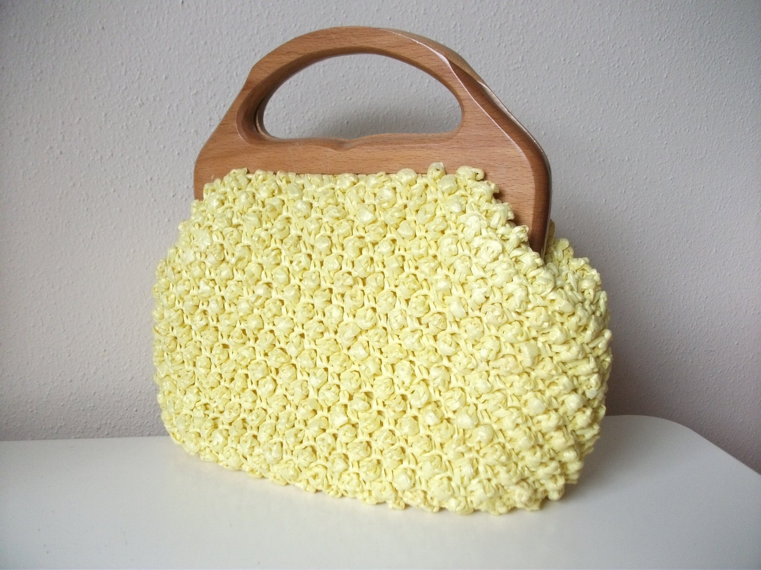 Yellow 60s Woven Handbag with Wood Top Handle