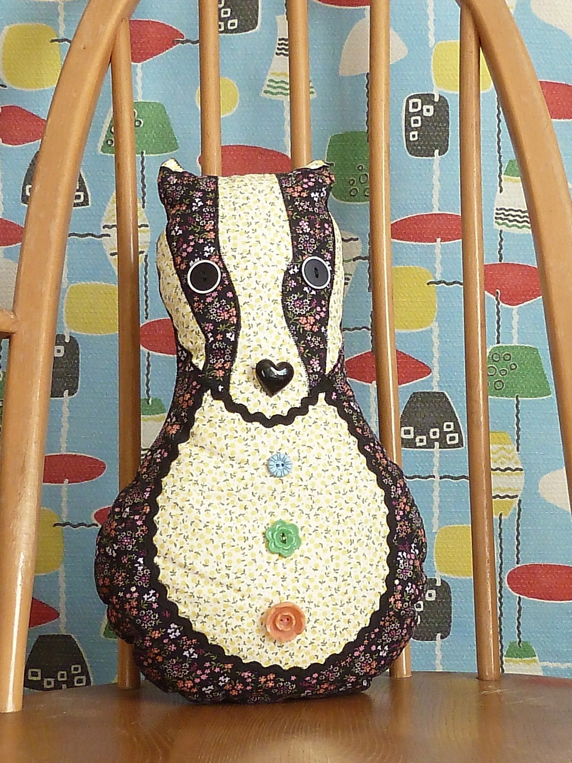 Badger cushion/ plush with vintage buttons