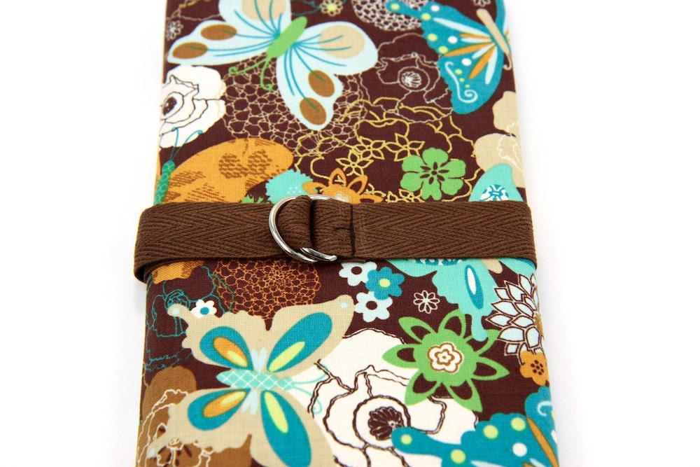 Butterflies Blooms SHORT Knitting Needle Case or Art Tool Organizer with Brown Pockets