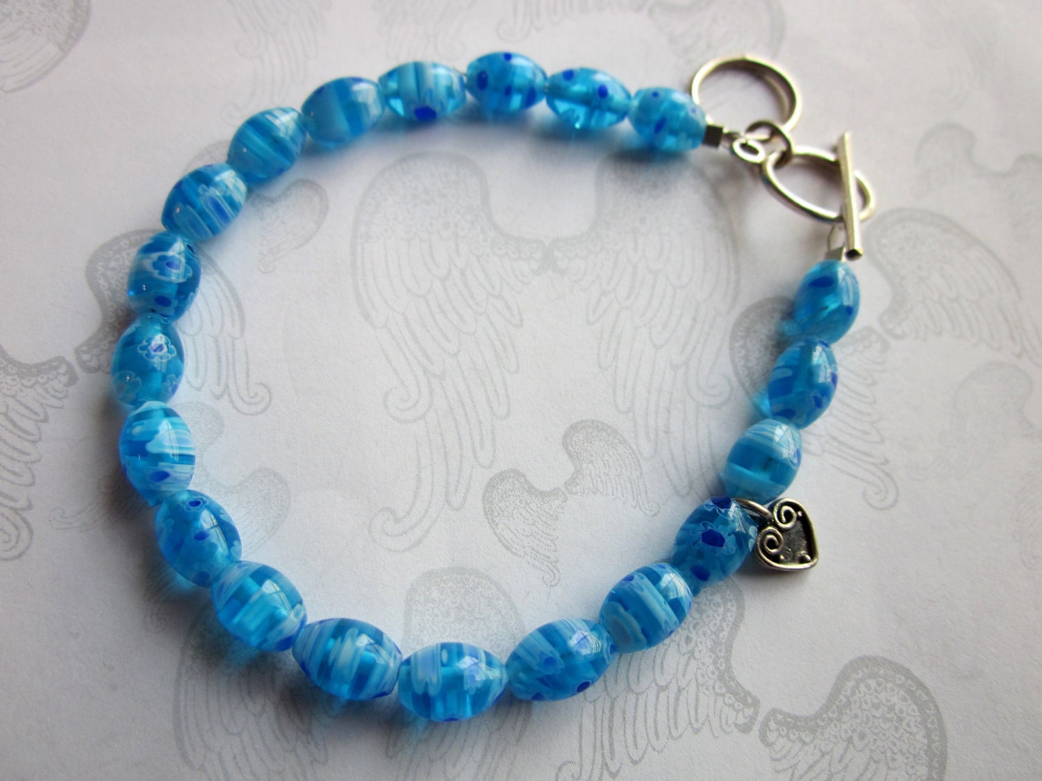 Blue Beaded Bracelet with Tiny Sterling Heart Charm