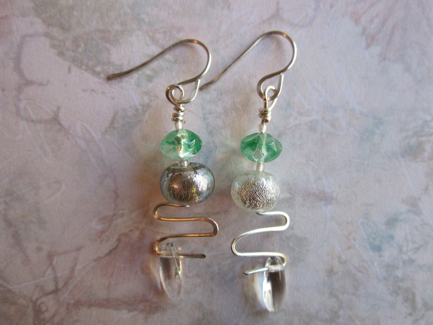 Silver Dichroic and Sterling earrings with Green Beads