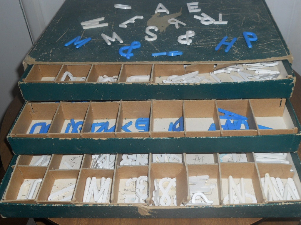 Supply, Vintage, Box with Three Drawers full of Letters and Symbols