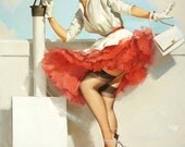 Free US shipping Handprinted Cotton Art Reprodn Applique Vintage Sexy Pin-up Girl Gil Elvgren "What a view" , 1957