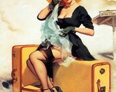 Free US shipping Handprinted Cotton Art Reprodn Applique Vintage Sexy Pin-up Girl Gil Elvgren "Welcome Traveler" , 1955