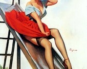 Free US shipping Handprint Cotton Art Reprodn Applique Vintage Sexy Pin-up Girl Gil Elvgren "Up and Cunning" , 1955