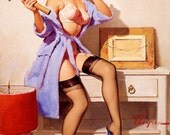 Free US shipping Handprinted Cotton Art Reprodn Applique Vintage Sexy Pin-up Girl Gil Elvgren "The Wrong Nail", 1967