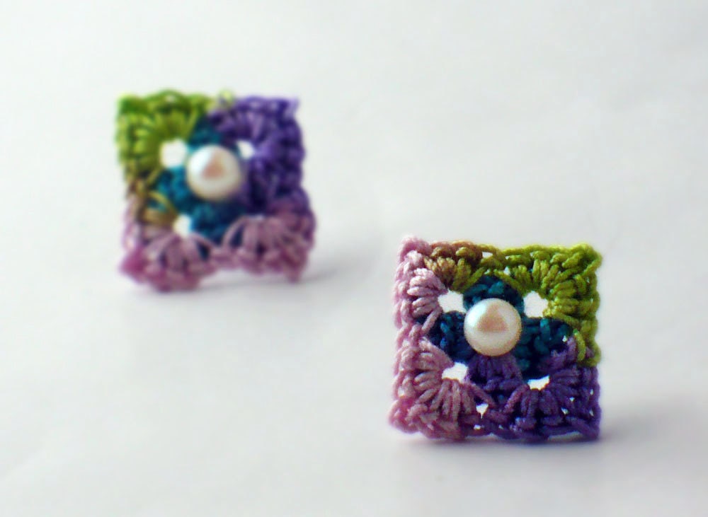 Crochet Earrings Mini Granny Square Studs Pink Teal Purple Light Green