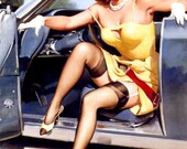 Free US shipping Handprinted Cotton Art Reprodn Applique Vintage Sexy Pin-up Girl Gil Elvgren "Stepping High", 1950