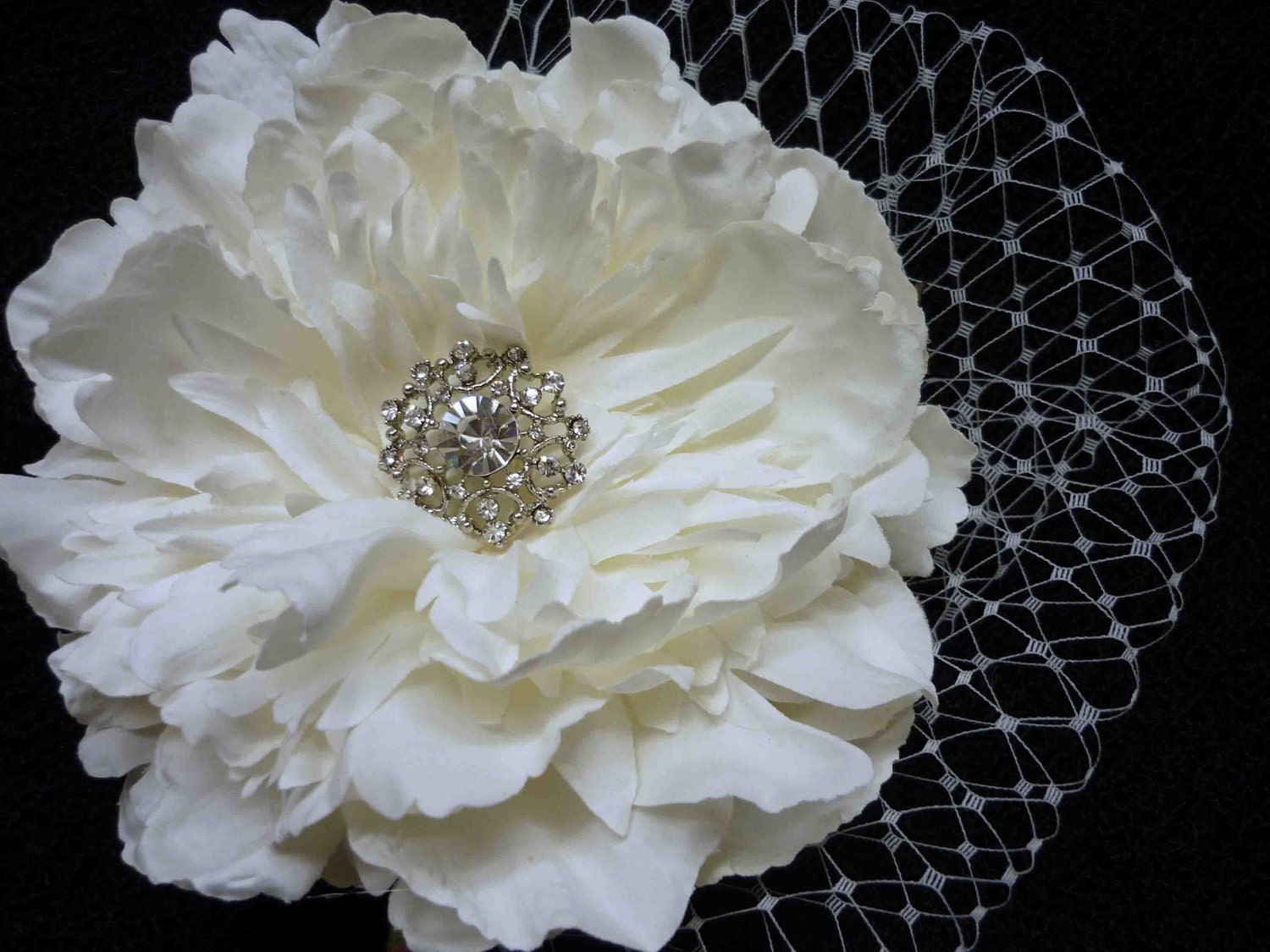 Bridal Flower Hair Accessory - Rhinestone Flower Clip - Fabric Flower Veil - Vintage Inspired Hair Piece