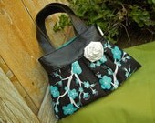Ultrasuede Hand Painted Pleated Handbag with Teal Cherry Blossoms onBlack Suede with Faux Leather Trim