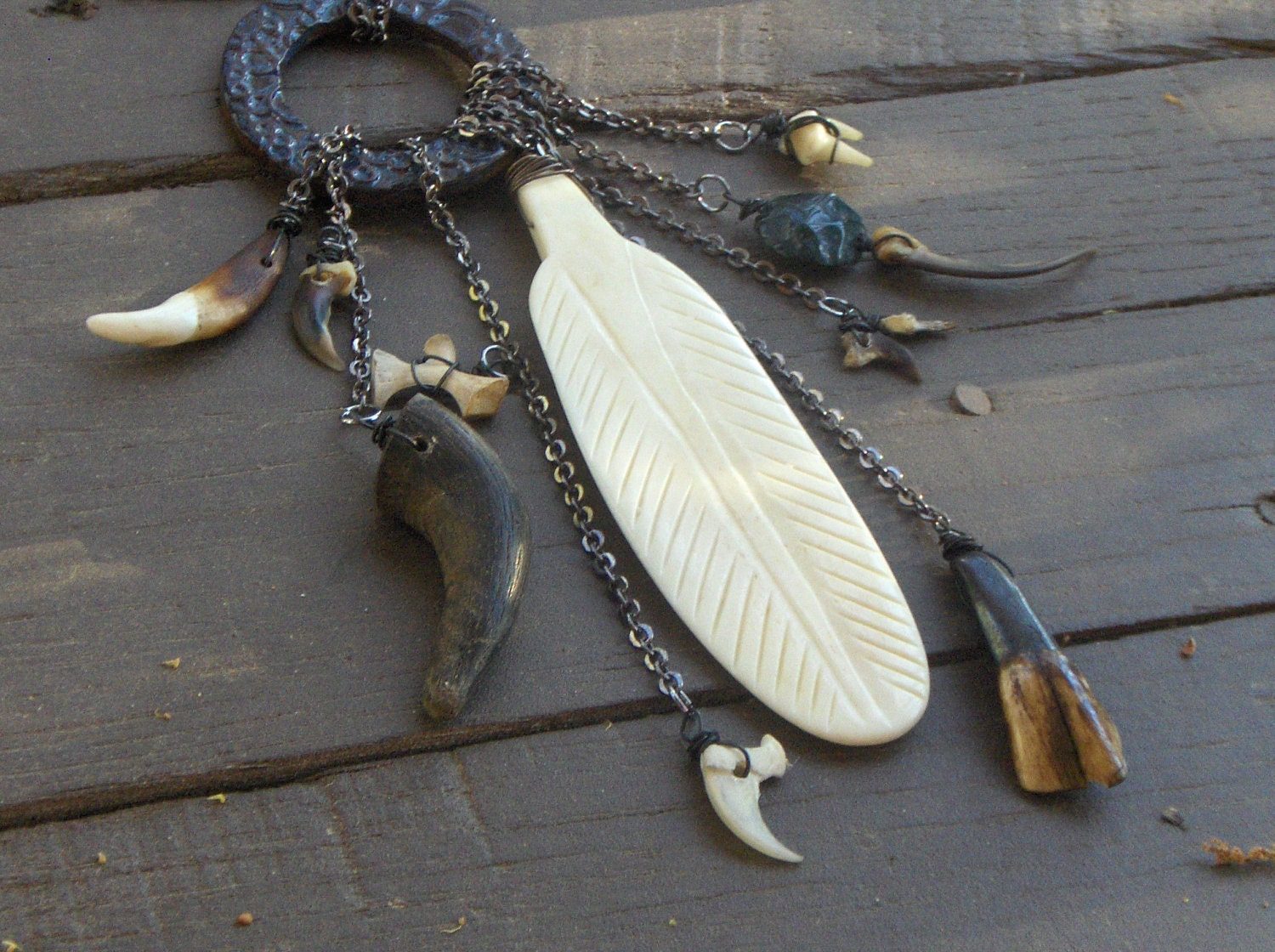 The Great Gathering, Carved Bone Feather, badger - bobcat - raccoon and fox claws, antelope antler, turtle bone black bear and coyote teeth