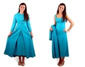 1960s coat and dress, turquoise dress coat with matching sheath dress, rhinestone buttons, Size S