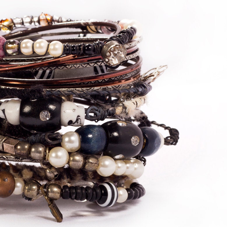 Gypsy Bangle Bracelets awesome for Tribal Belly Dance Summer festivals, Bohemian, aged looking, stack, patina, beads black cream pearls