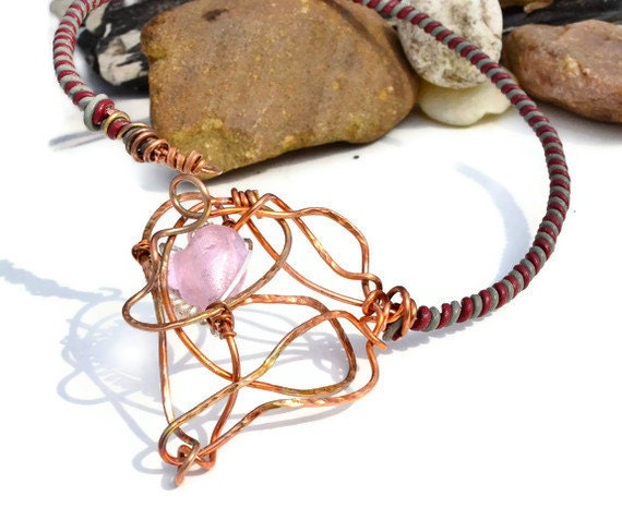 Wire Wrapped Necklace - Copper - Leather - Sterling Silver - Glass