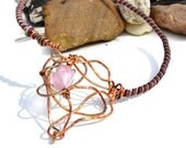 Wire Wrapped Necklace - Copper - Leather - Sterling Silver - Glass