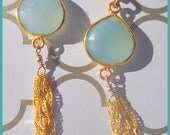 Pretty Sea Foam Soft Green Chalcedony Earrings - Gold Bezel Setting - Gold Chains
