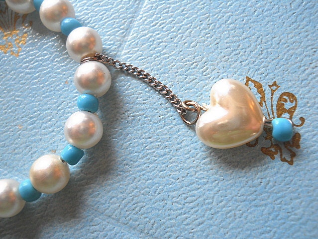 Blue Bead and Vintage Pearly Necklace and Bracelet Free Ship US and Canada