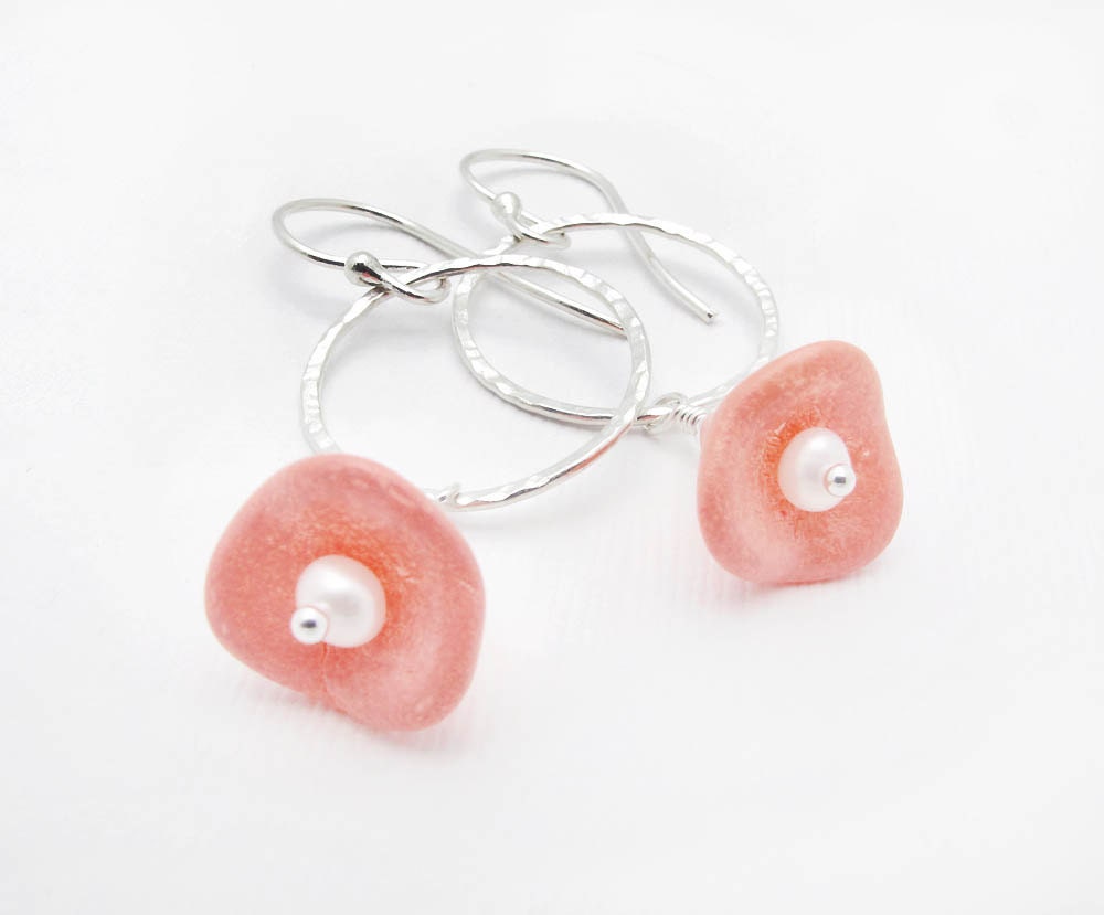 peach pink glass flower dangle earrings sterling silver and fresh water pearl "Frosted Peach" - SharonClancyDesigns