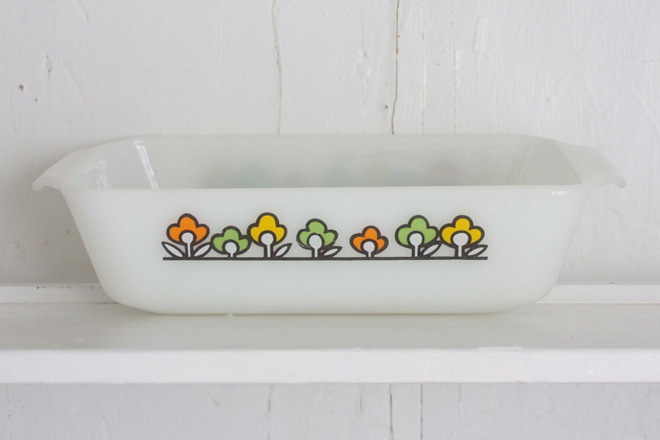 Vintage Fire King Casserole Dish: Narrow 1 Quart Pyrex Baking Pan with Mod Flowers, Retro Dish with Green Orange and Yellow Floral Motif