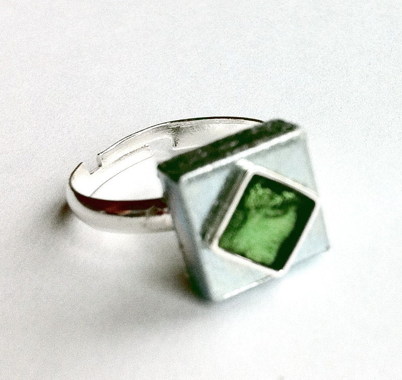 Green Ring, Silver Square Ring, womens ring, mens ring, industrial ring, Art Deco Ring, silver ring, Adjustable Ring,